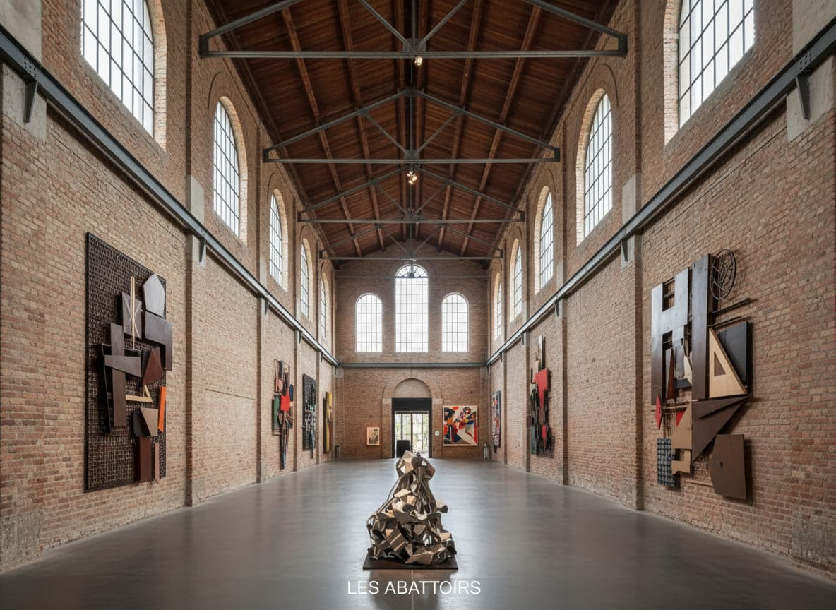 Vue de l'intérieur du musée Les Abattoirs à Toulouse, avec ses murs en briques apparentes, ses hauts plafonds et une installation d'art contemporain sur un mur blanc.