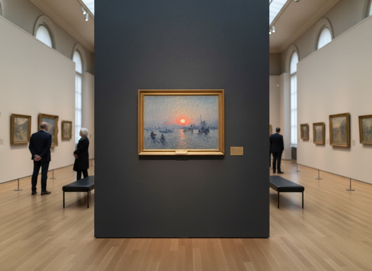 Un tableau avec un soleil orange vif et des bateaux dans un port brumeux, accroché à un mur sombre dans une galerie minimaliste éclairée par des projecteurs.