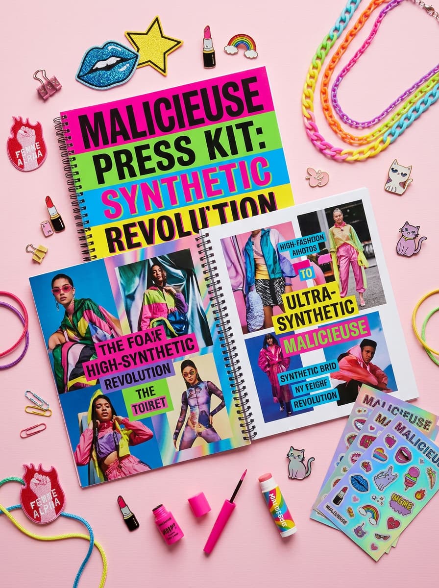 Kit de presse imprimé Malicieuse aux couleurs vives et typographie audacieuse entouré d'écussons thermocollants, de pin's et d'accessoires de mode colorés.