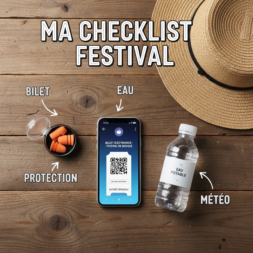 Sur une table en bois, un smartphone affichant un billet numérique, une bouteille d'eau, un chapeau de soleil et des bouchons d'oreilles sont disposés avec des étiquettes en français pointant vers chaque objet, et le texte 'Ma Checklist Festival' est superposé au centre.