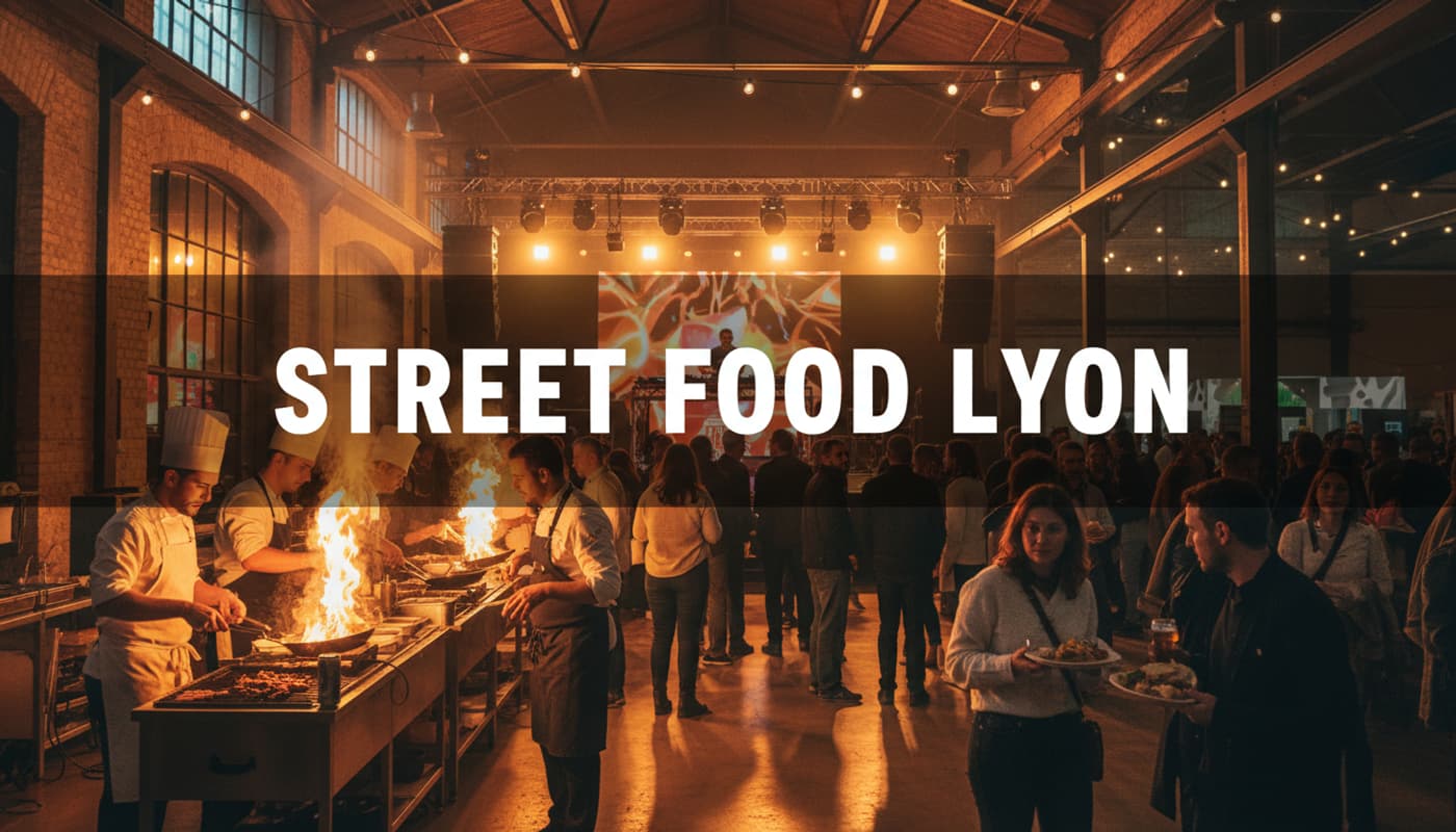 Des chefs cuisinent dans un hall industriel festif devant un DJ sur scène avec le texte STREET FOOD LYON affiché sur un bandeau sombre.