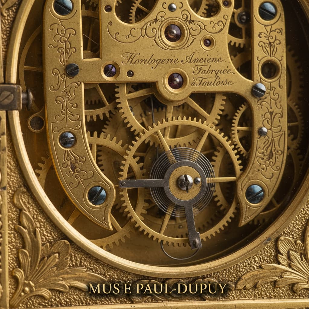 Macro d'un mécanisme d'horloge ancienne avec engrenages dorés et détails complexes, éclairage doux et luxueux, avec le texte 'MUSÉE PAUL-DUPUY' en bas.
