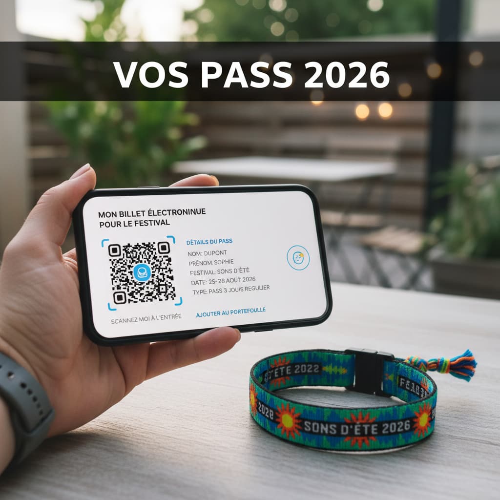 Smartphone affichant billetterie festival et bracelet