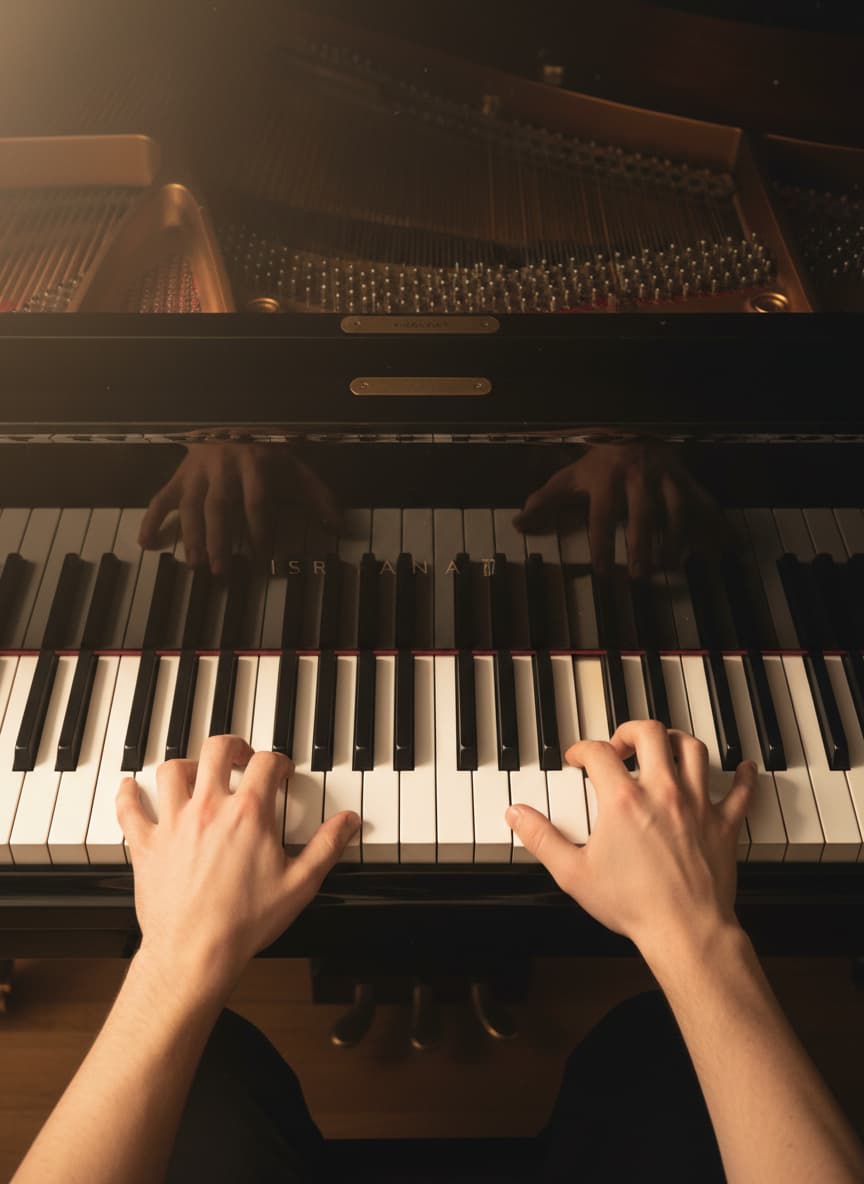 Mains d'un pianiste vues de dessus jouant des rythmes distincts sur le clavier d'un piano à queue dans un éclairage contrasté.