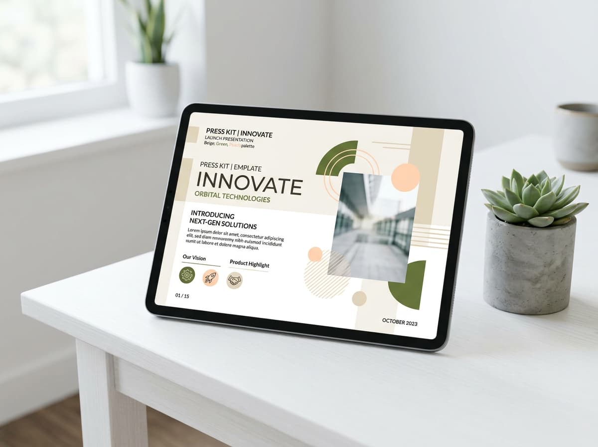 Une tablette moderne affiche un modèle de présentation aux tons beige, vert et pêche sur une table blanche épurée près d'une petite plante grasse.