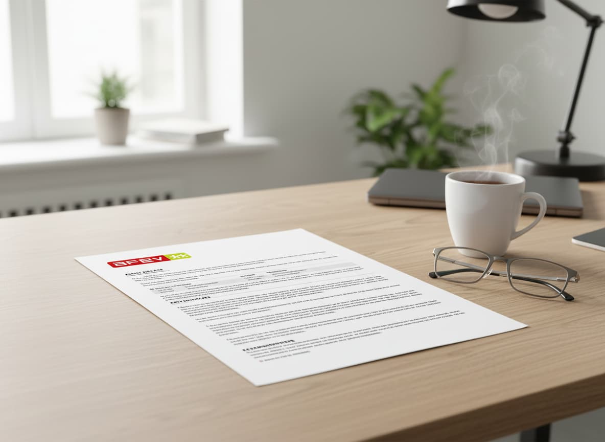 Document de presse institutionnel de l'Afev imprimé sur papier A4 et posé sur un bureau en chêne clair près de lunettes et d'une tasse de thé.