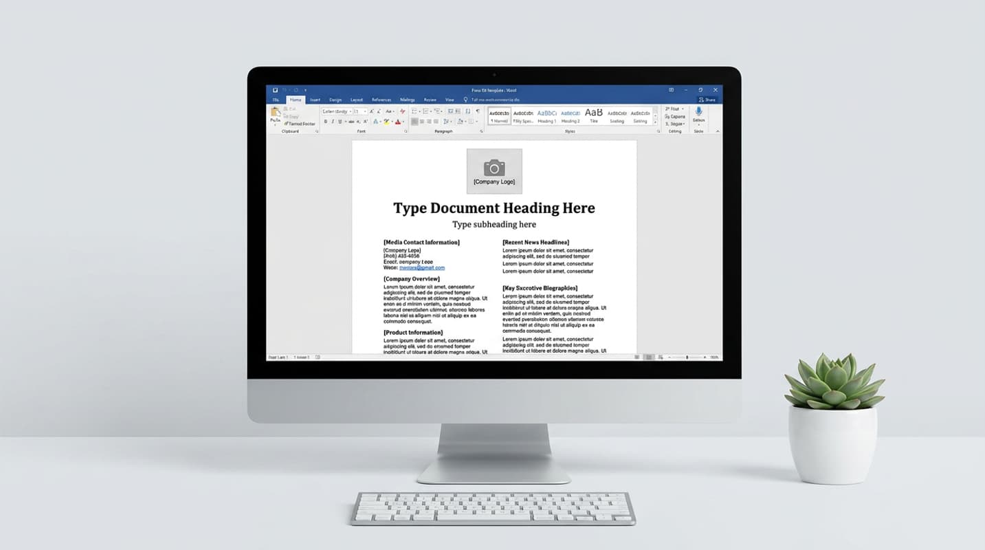 Écran d'ordinateur avec un modèle de dossier de presse Microsoft Word affiché, posé sur un bureau avec clavier sans fil et plante grasse.