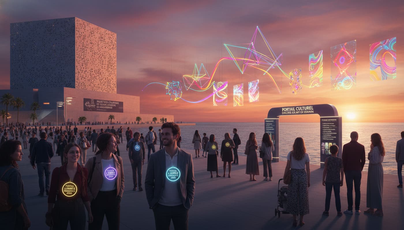 Vue large du MuCEM à Marseille au coucher du soleil avec des installations lumineuses colorées et une foule de visiteurs.