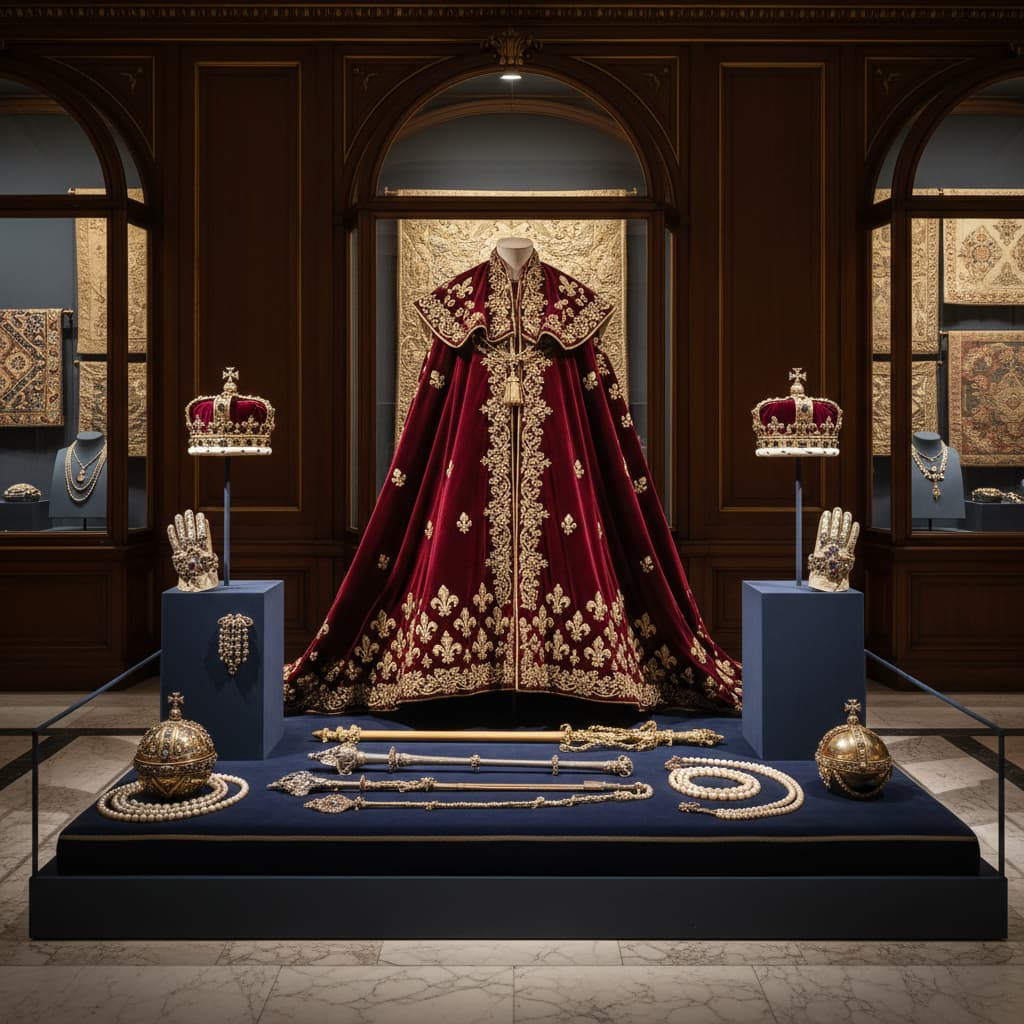 Un manteau de velours orné de fleurs de lys en or est exposé dans une vitrine au musée des Arts Décoratifs, sous un éclairage dramatique.
