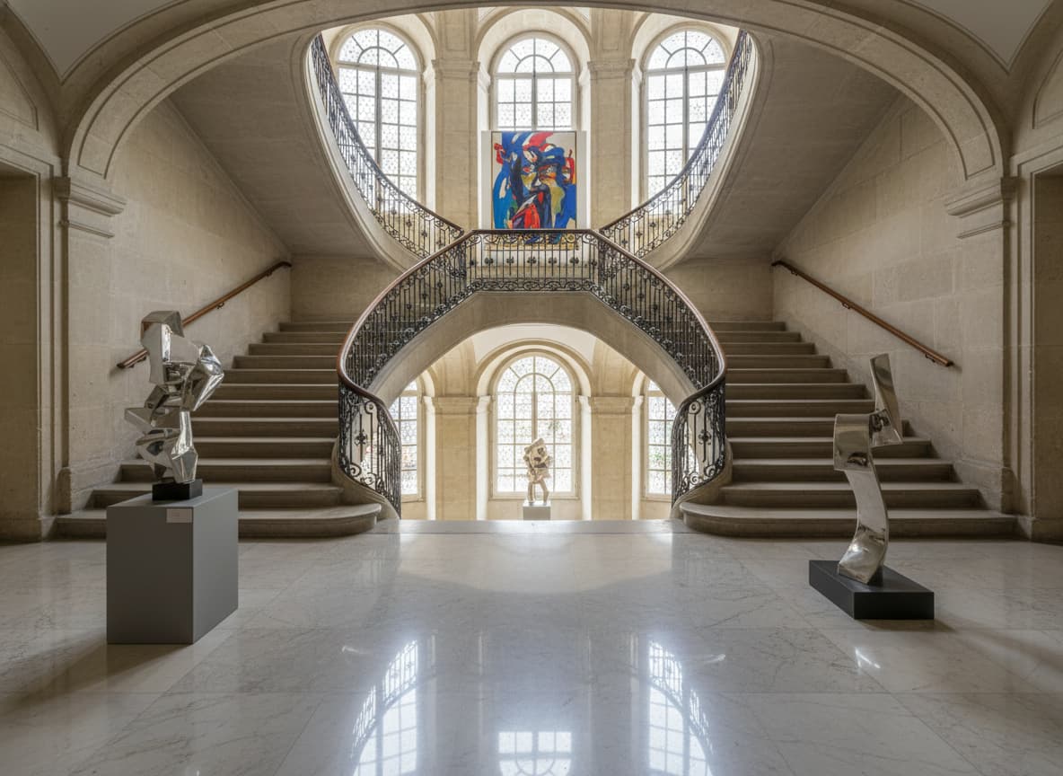 Vue en perspective d'un grand escalier à l'intérieur du Musée Cantini, mêlant architecture du XVIIe siècle et œuvres d'art contemporain.