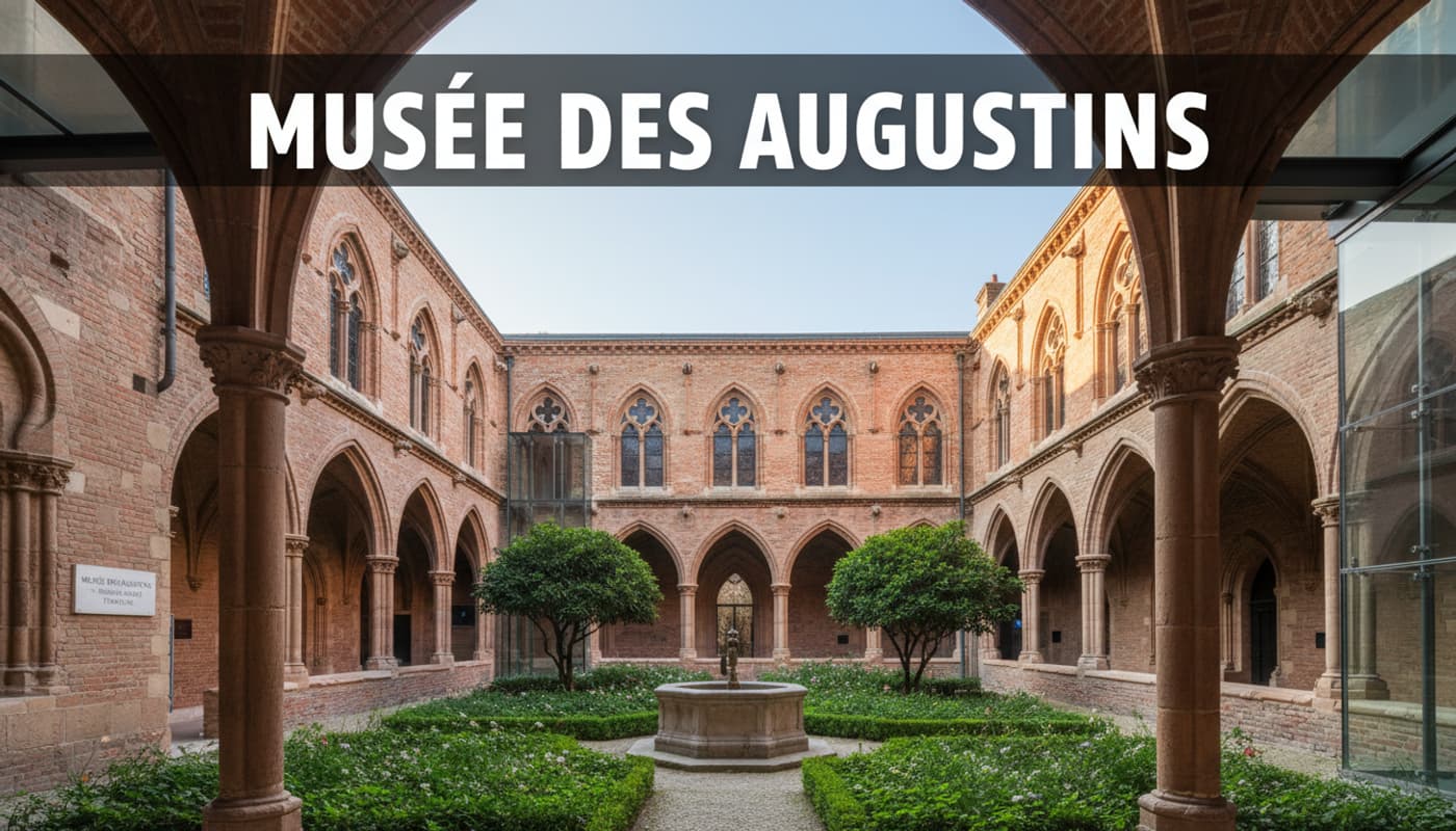 Vue large et cinématique du cloître du Musée des Augustins à Toulouse, avec ses arcades en brique rouge, son jardin verdoyant, et le texte 'MUSÉE DES AUGUSTINS' superposé en ombre portée.