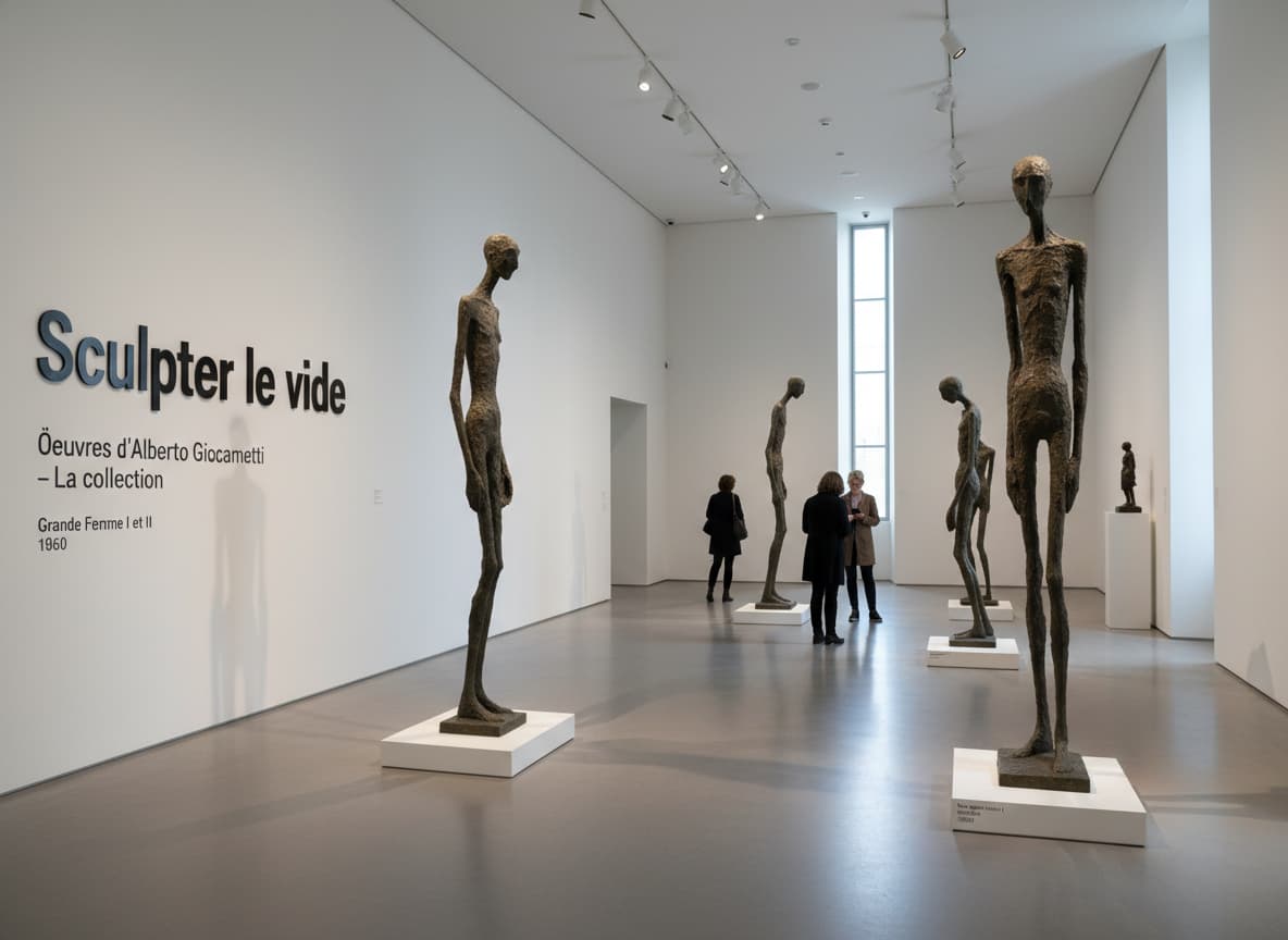 Galerie de musée aux hauts plafonds présentant des sculptures en bronze allongées de Giacometti, avec un panneau mural indiquant 'Sculpter le vide'.