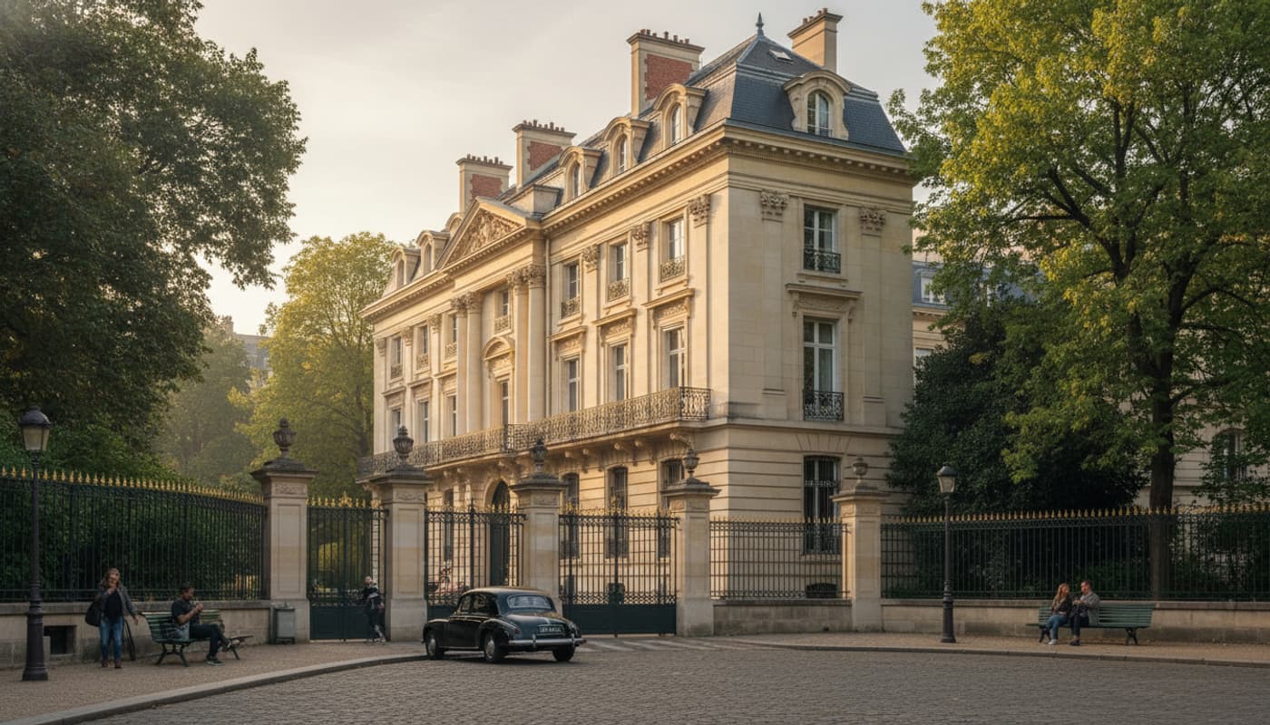Façade du Musée Marmottan Monet, un hôtel particulier du XIXe siècle, bordant le Jardin du Ranelagh sous la lumière matinale.