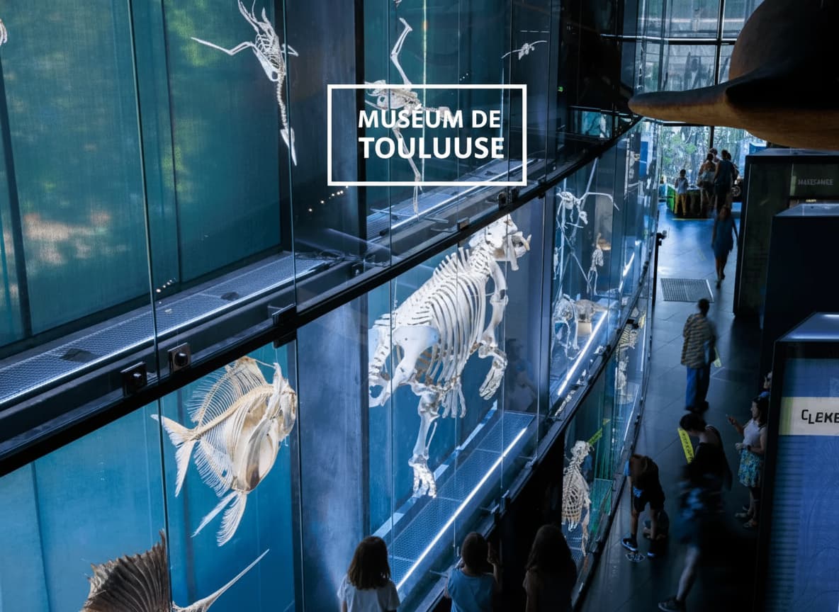 Vue intérieure lumineuse du Muséum de Toulouse avec un imposant mur de squelettes géants derrière une façade vitrée, des enfants et adultes de dos regardant avec émerveillement les spécimens d'histoire naturelle.