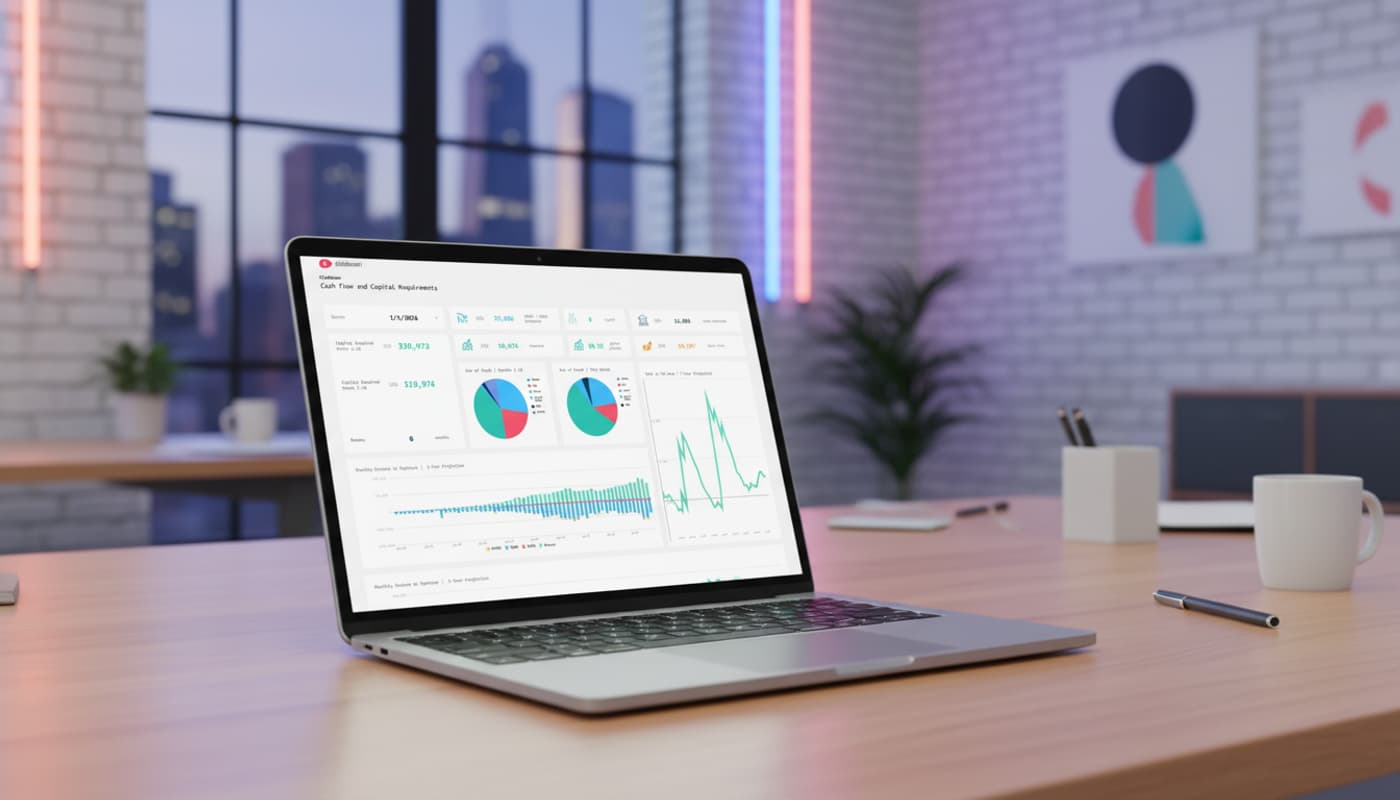 Un ordinateur portable sur un bureau de création affiche l'interface Slidebean présentant un modèle de kit média coloré avec des graphiques dynamiques.
