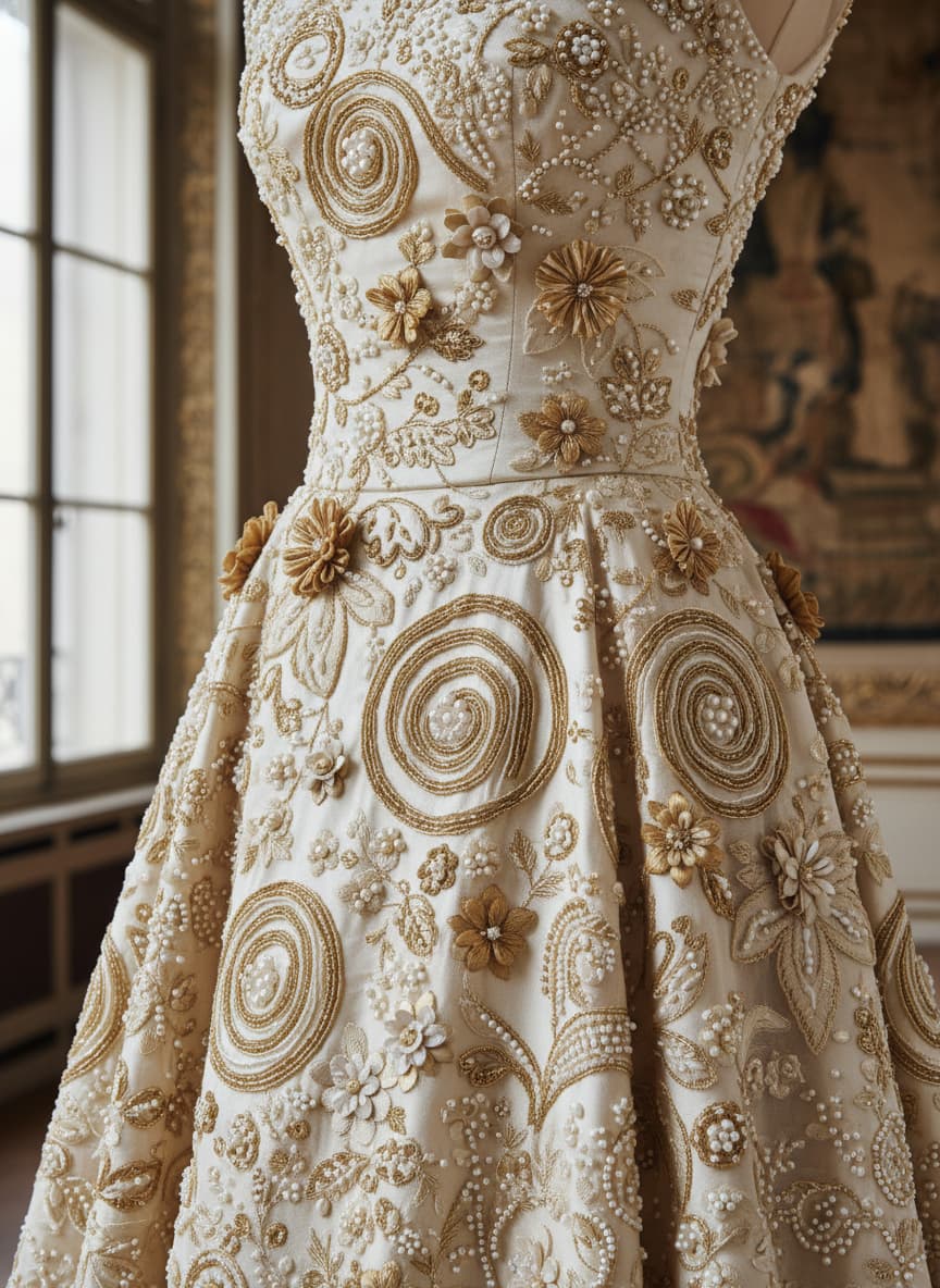 Gros plan sur une broderie de haute couture avec des fils d'or, des perles et de la soie, éclairée doucement pour révéler le savoir-faire artisanal.