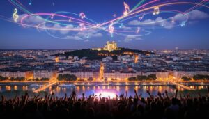 Basilique de Fourvière illuminée surplombant Lyon au crépuscule avec un ciel animé de notes de musique et traînées lumineuses au-dessus d'une foule.