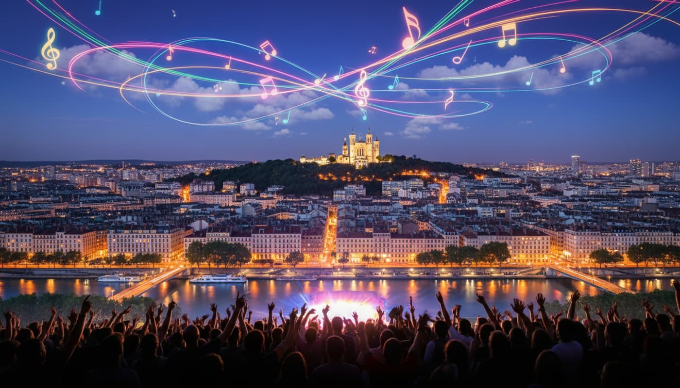 Basilique de Fourvière illuminée surplombant Lyon au crépuscule avec un ciel animé de notes de musique et traînées lumineuses au-dessus d'une foule.