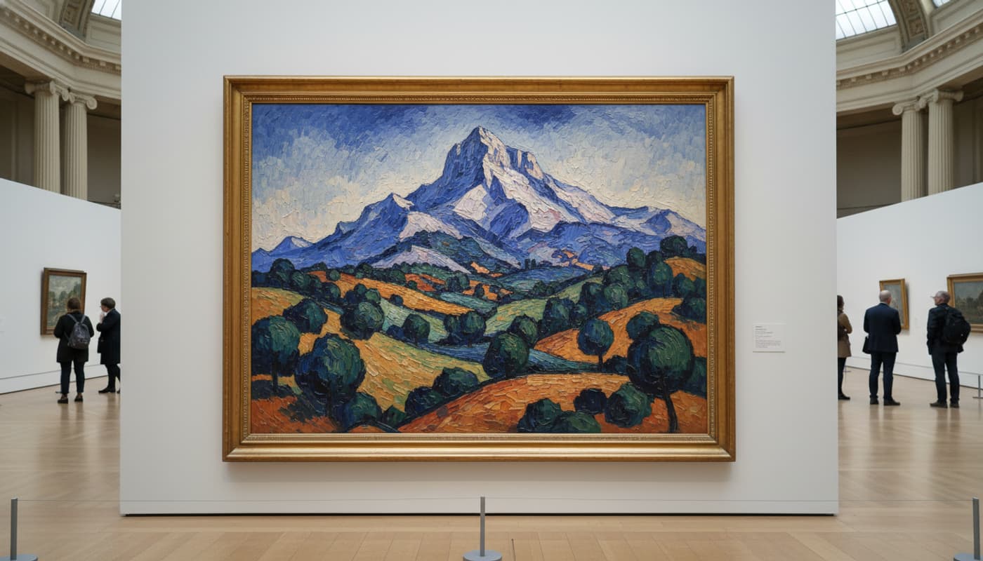 Grande peinture post-impressionniste représentant une montagne provençale aux couleurs chaudes, accrochée sur un mur blanc d'une galerie du Grand Palais.