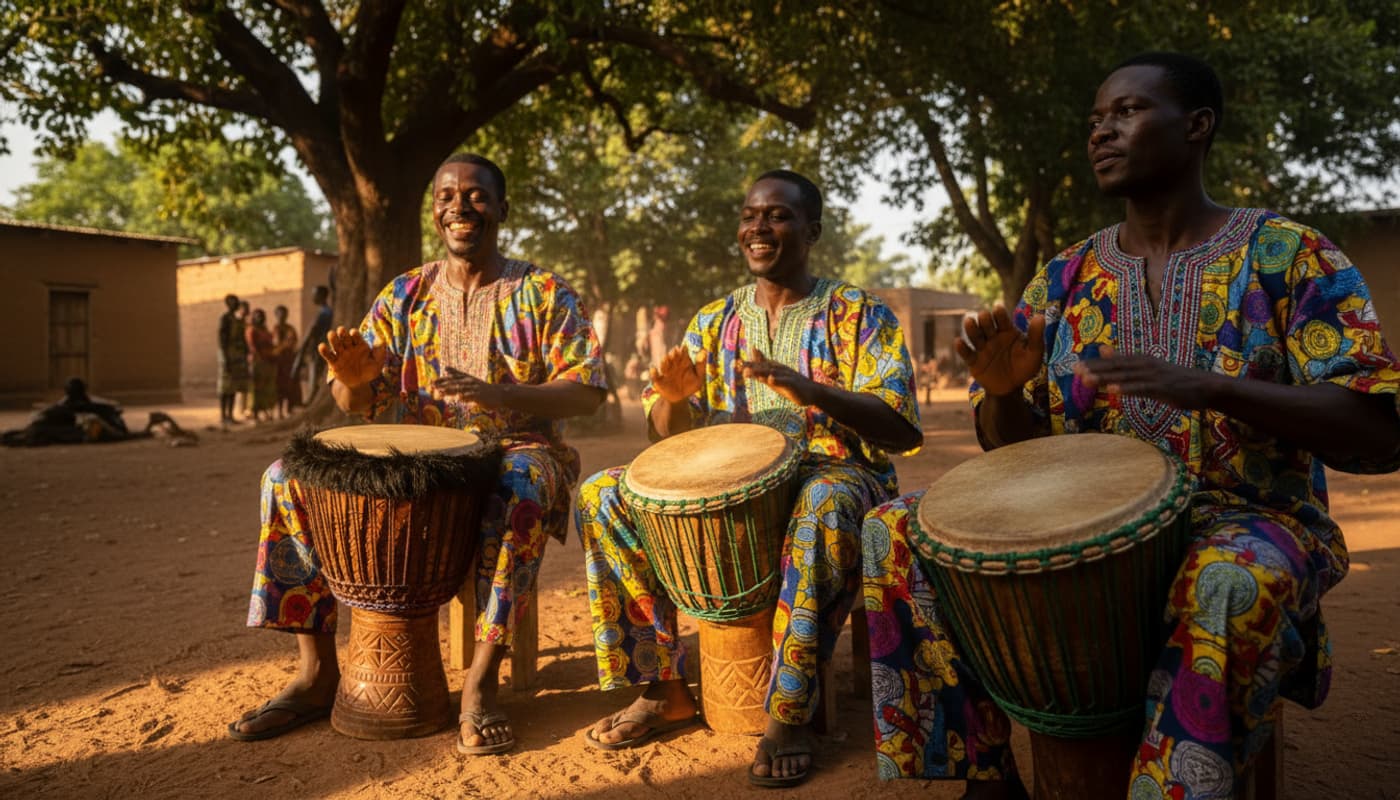 Des musiciens ouest-africains jouent avec joie sur des tambours en bois sculptés lors d'une performance en plein air baignée par une lumière dorée.