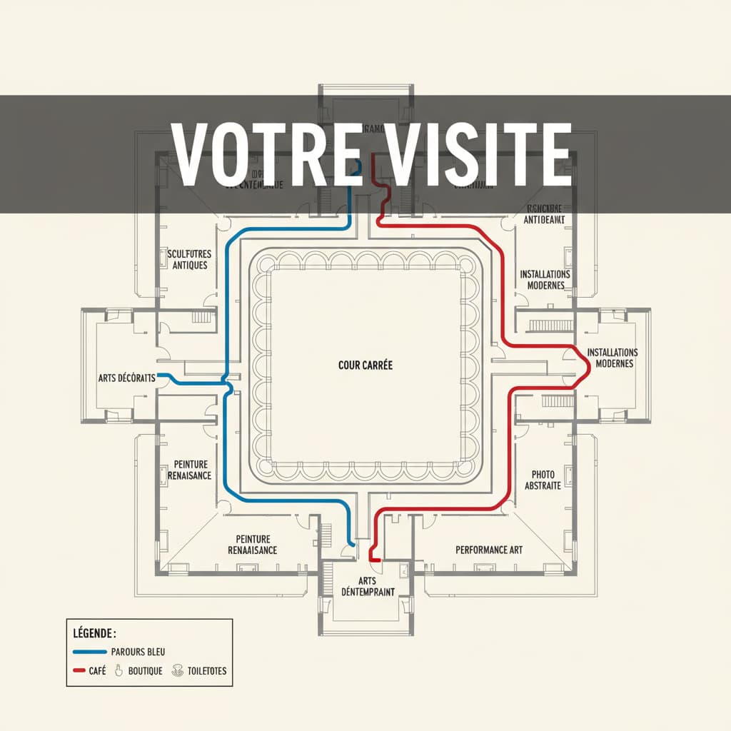Plan stylisé d'un musée avec deux parcours colorés sur fond de plan simplifié, avec le texte 'VOTRE VISITE' en superposition.