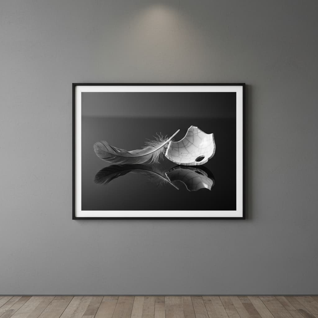 Une plume d'oiseau délicate repose sur un mur gris clair, évoquant une beauté fragile dans une photographie en noir et blanc.