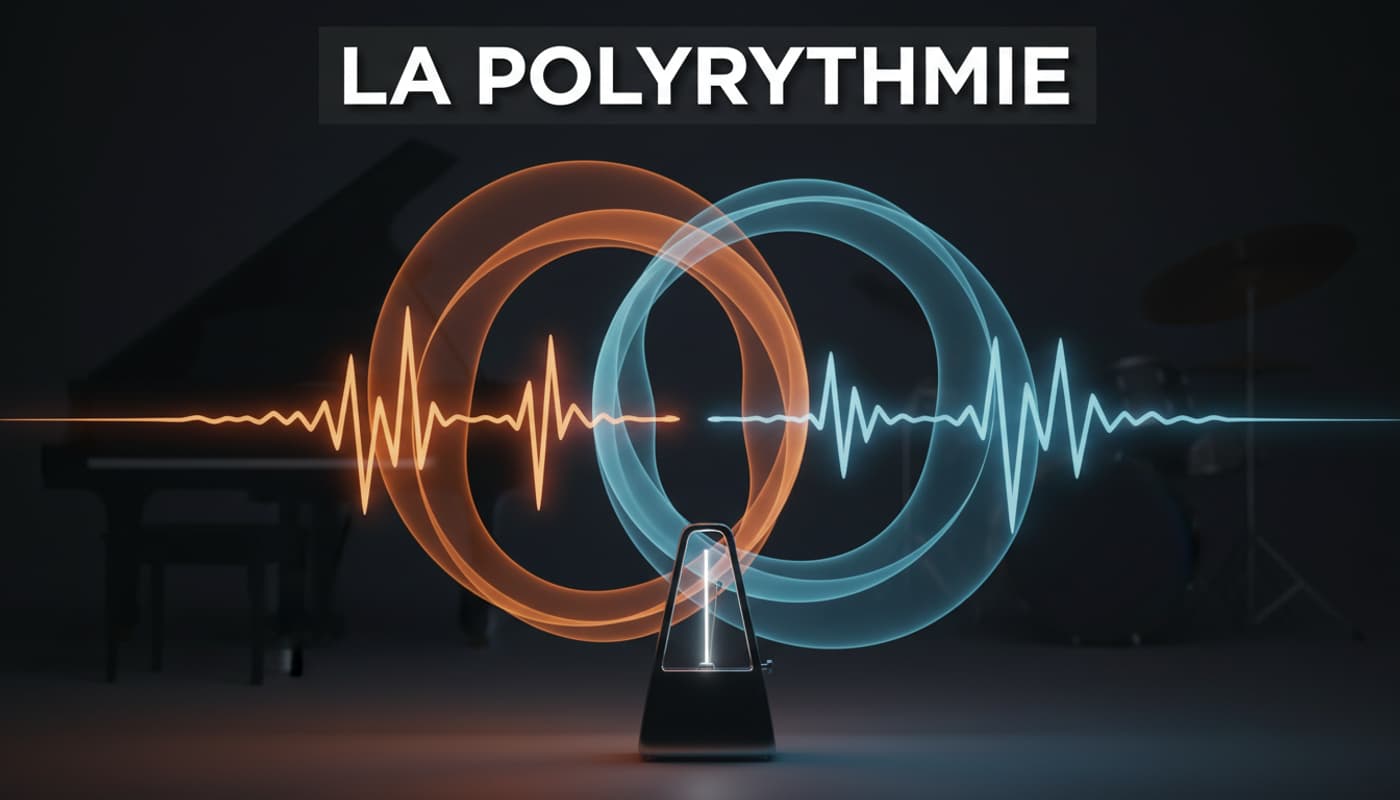 Ondes sonores lumineuses orange et bleu s'entrecroisent au-dessus d'un métronome avec silhouettes de piano et cymbale en arrière-plan et texte LA POLYRYTHMIE.