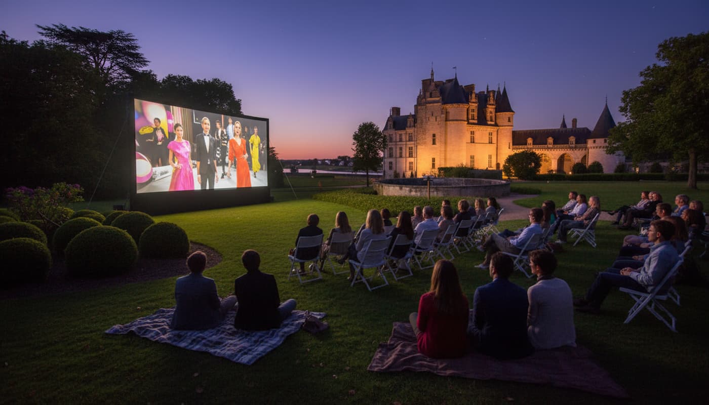 Des spectateurs assis dans les jardins d'un château de la Renaissance regardent un documentaire de mode projeté sur un écran géant sous un ciel de crépuscule.