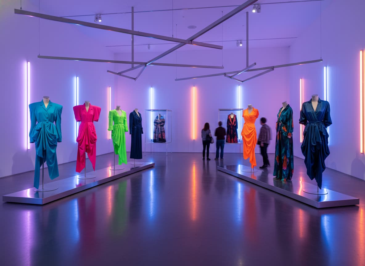 Silhouettes avant-gardistes des années 80 et 90 exposées dans une galerie contemporaine aux accents néon et structures métalliques.