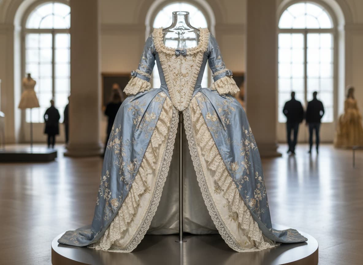 Robe française du XVIIIème siècle en soie volumineuse et dentelle ornée, présentée sur un mannequin minimaliste dans une salle de musée parisienne aux murs classiques flous.