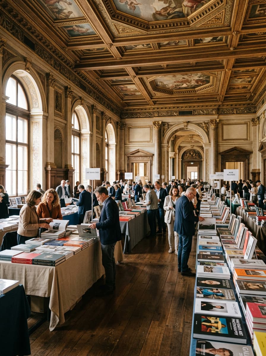 Des visiteurs parcourent des livres d'art dans une galerie historique aux plafonds décorés et parquets anciens, éclairée par la lumière de hautes fenêtres.