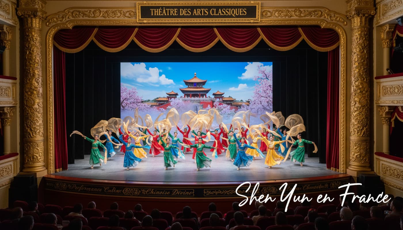 Grande scène de théâtre avec des danseurs en costumes de soie colorés effectuant des mouvements synchronisés, des nuages dorés, une projection numérique de temple ancien et le texte 'Shen Yun en France' en superposition.