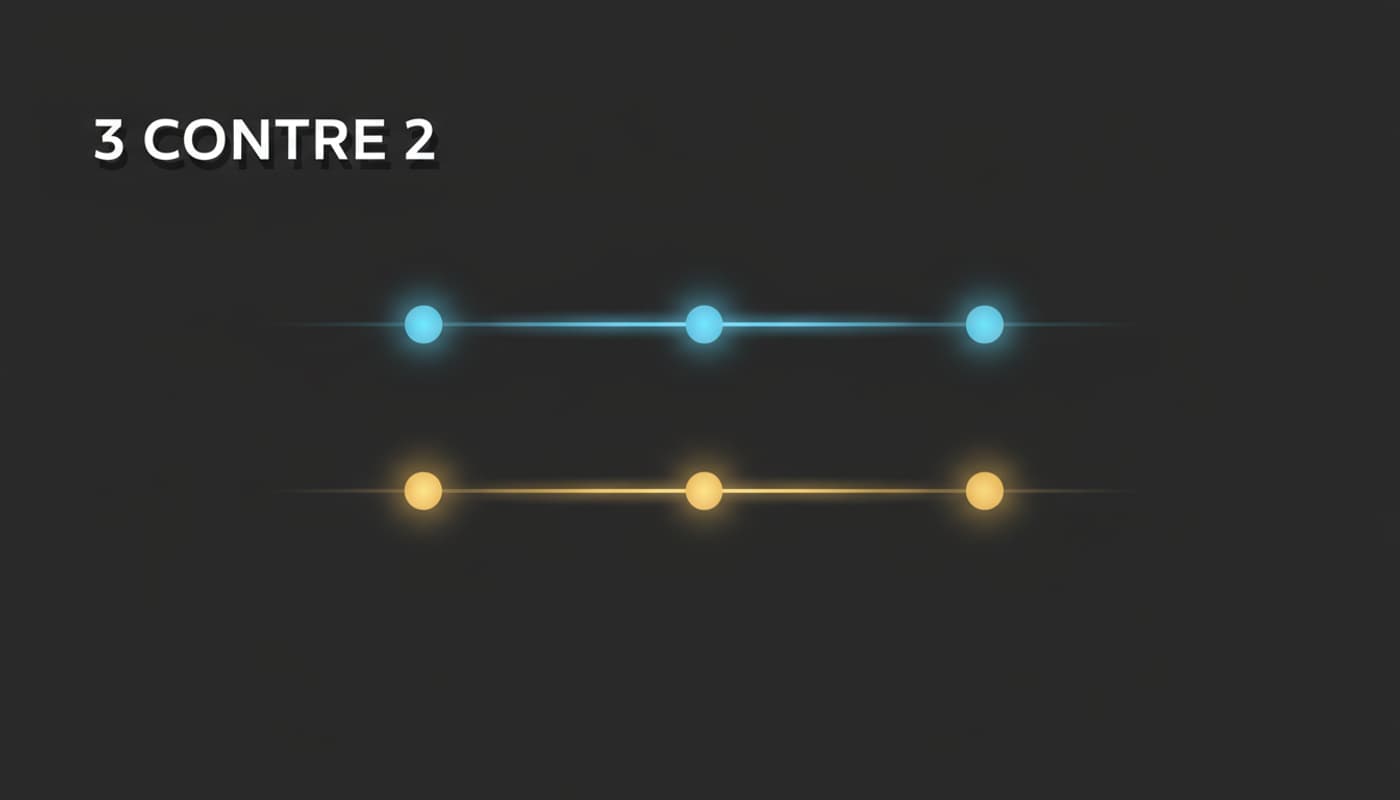 Trois nœuds circulaires bleus lumineux et deux dorés s'alignent sur une frise chronologique grise avec le texte 3 CONTRE 2 pour illustrer un polyrythme.