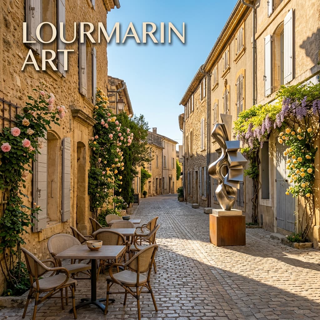 Une sculpture contemporaine trône dans une ruelle pavée de Lourmarin bordée de maisons fleuries, avec le texte LOURMARIN ART écrit en surimpression.
