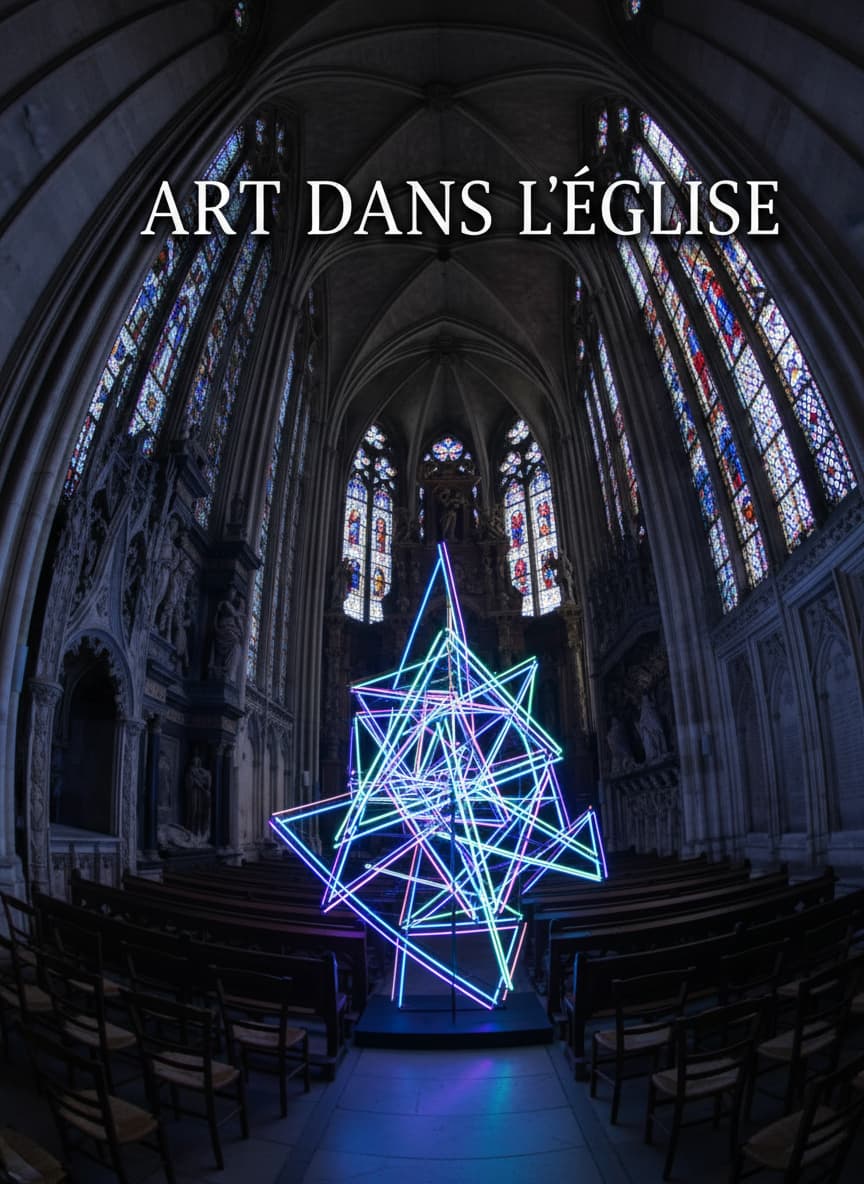 Une sculpture lumineuse en néon contraste avec le décor sombre d'une église gothique à Rouen sous le texte en surimpression Art dans l'église.