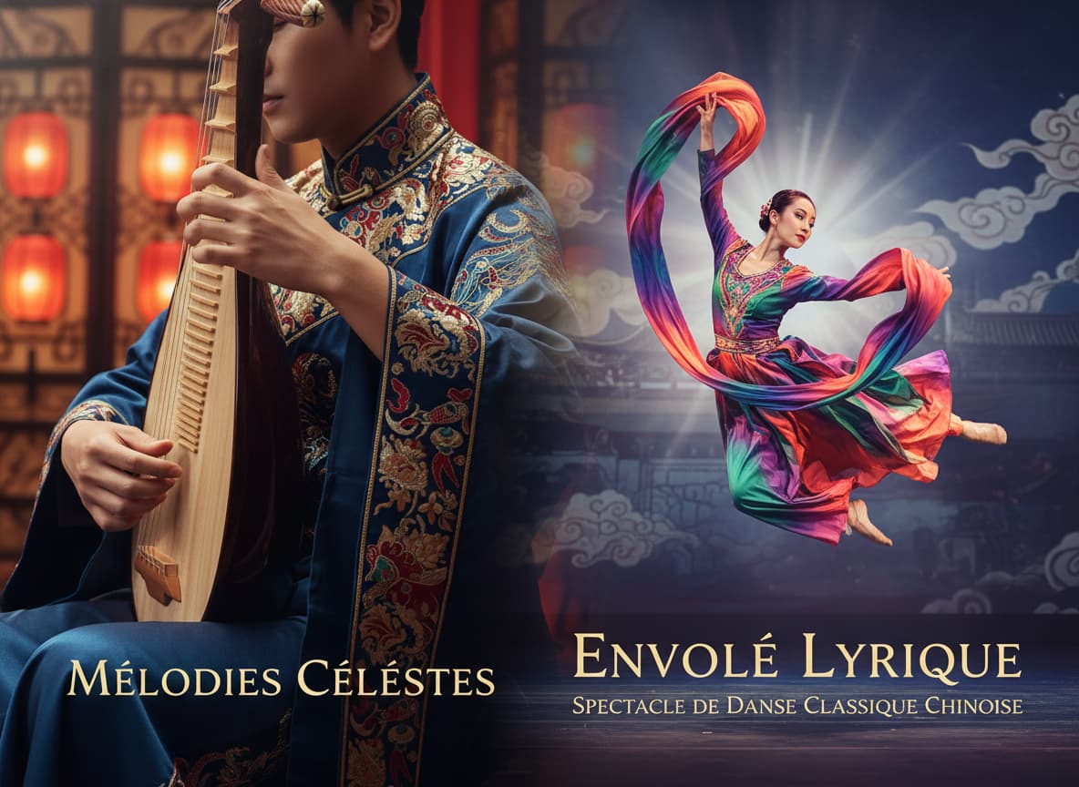 Montage photo montrant à gauche un gros plan d'un instrument chinois traditionnel, le pipa, en train d'être joué, et à droite un danseur effectuant un saut acrobatique en plein air, le tout dans des couleurs riches et saturées.