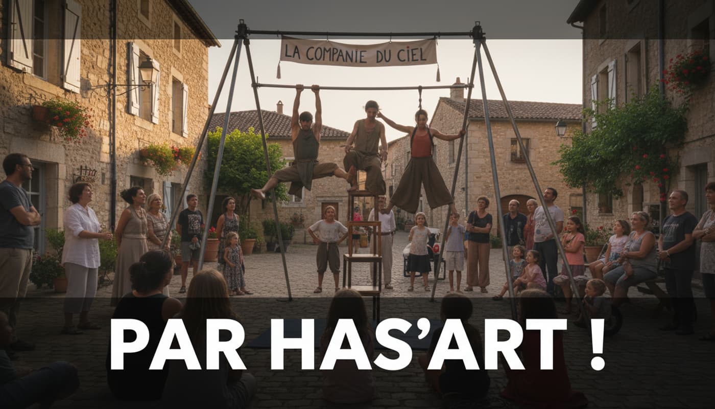 Des acrobates performent sur une structure métallique sur une place de village devant des habitants, avec le texte PAR HAS'ART en surimpression.