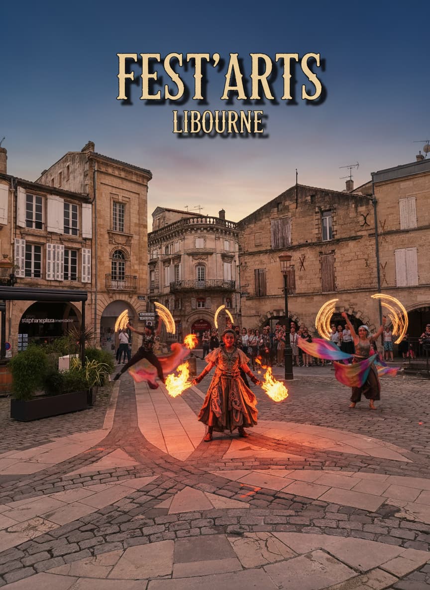 Des artistes internationaux réalisent une performance de rue avec du feu sur la place centrale de Libourne bordée de bâtiments historiques en soirée.
