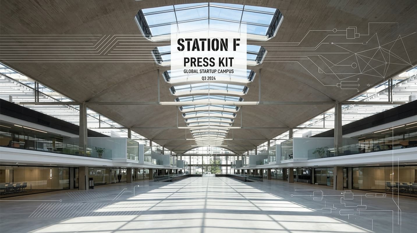 La vaste nef centrale du campus Station F révèle ses arches iconiques en béton et ses bureaux vitrés modernes baignés d'une lumière naturelle zénithale.