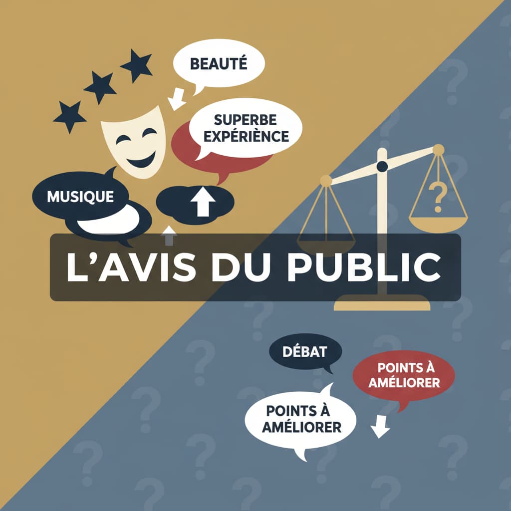 Graphique moderne avec étoiles, un masque de théâtre, des bulles de dialogue, les mots Beauté et Musique, une icône de balance, et le texte L'avis du public sur fond semi-transparent.