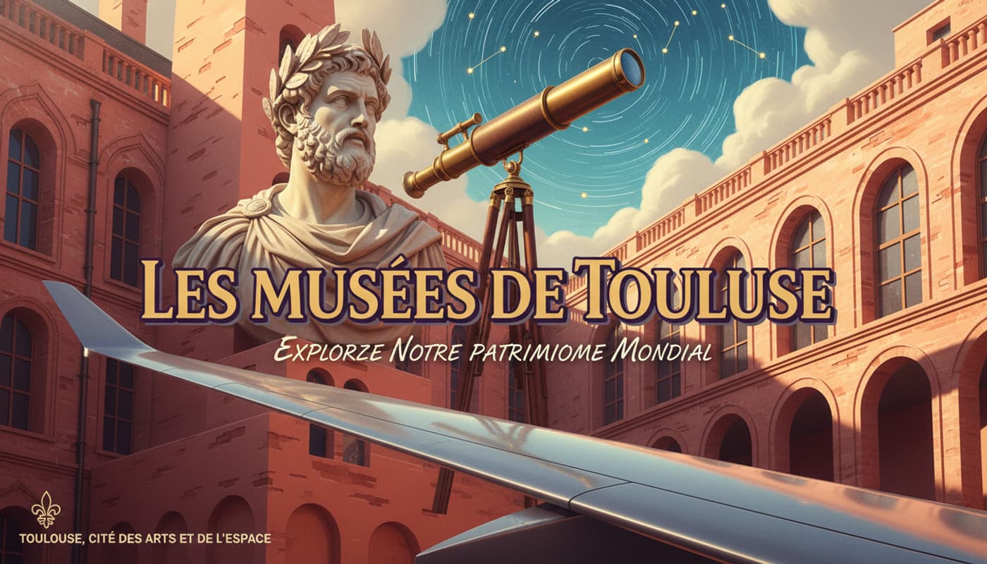 Composition artistique et élégante représentant la diversité culturelle de Toulouse, avec des éléments architecturaux de la ville rose, un aperçu d'une statue romaine, un télescope pointant vers les étoiles et une aile d'avion, le tout dans une atmosphère ensoleillée et accueillante, avec le texte 'LES MUSÉES DE TOULOUSE' centré avec une ombre portée.