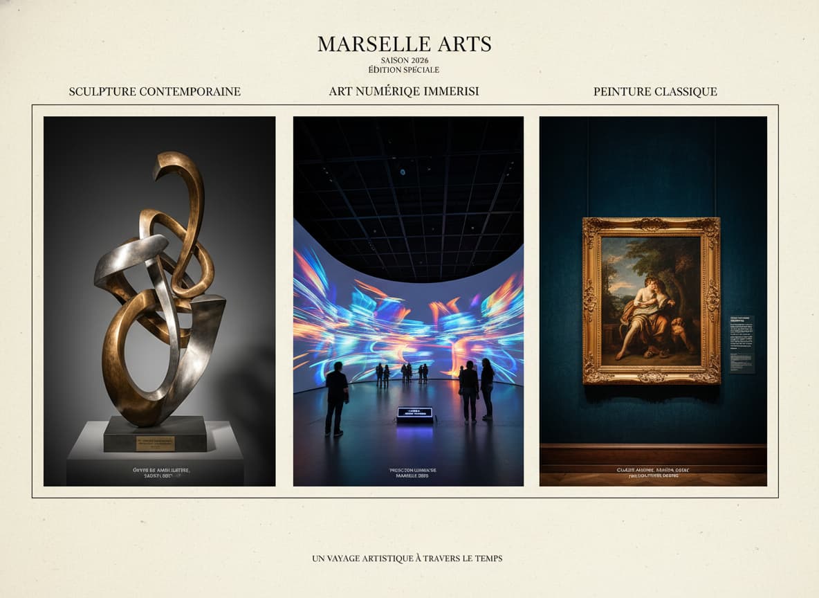 Triptyque éditorial montrant un gros plan d'une sculpture moderne, une installation d'art numérique avec projections colorées sur murs blancs et une peinture historique dans un musée classique.