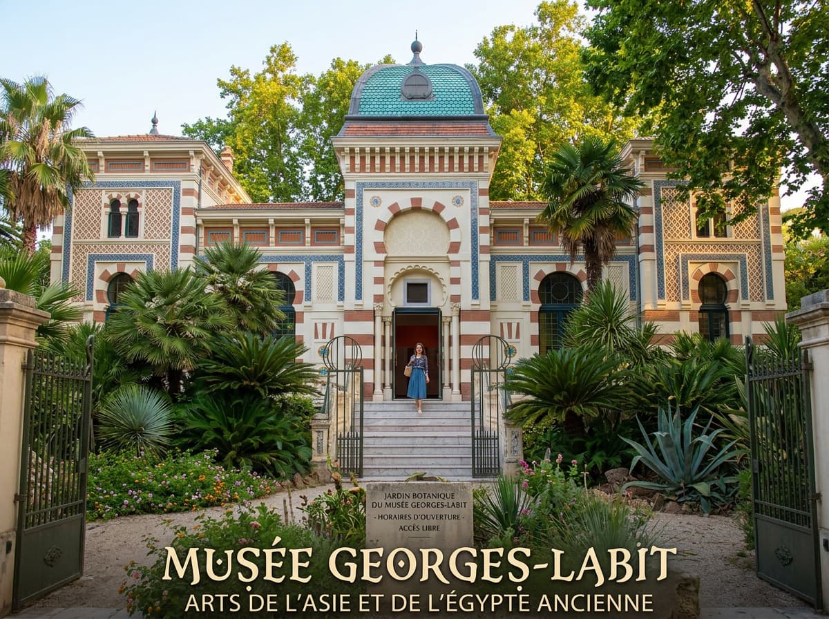 Une villa de style mauresque aux couleurs méditerranéennes entourée de palmiers et de plantes exotiques, avec l'inscription MUSÉE GEORGES-LABIT écrite au bas de l'image.