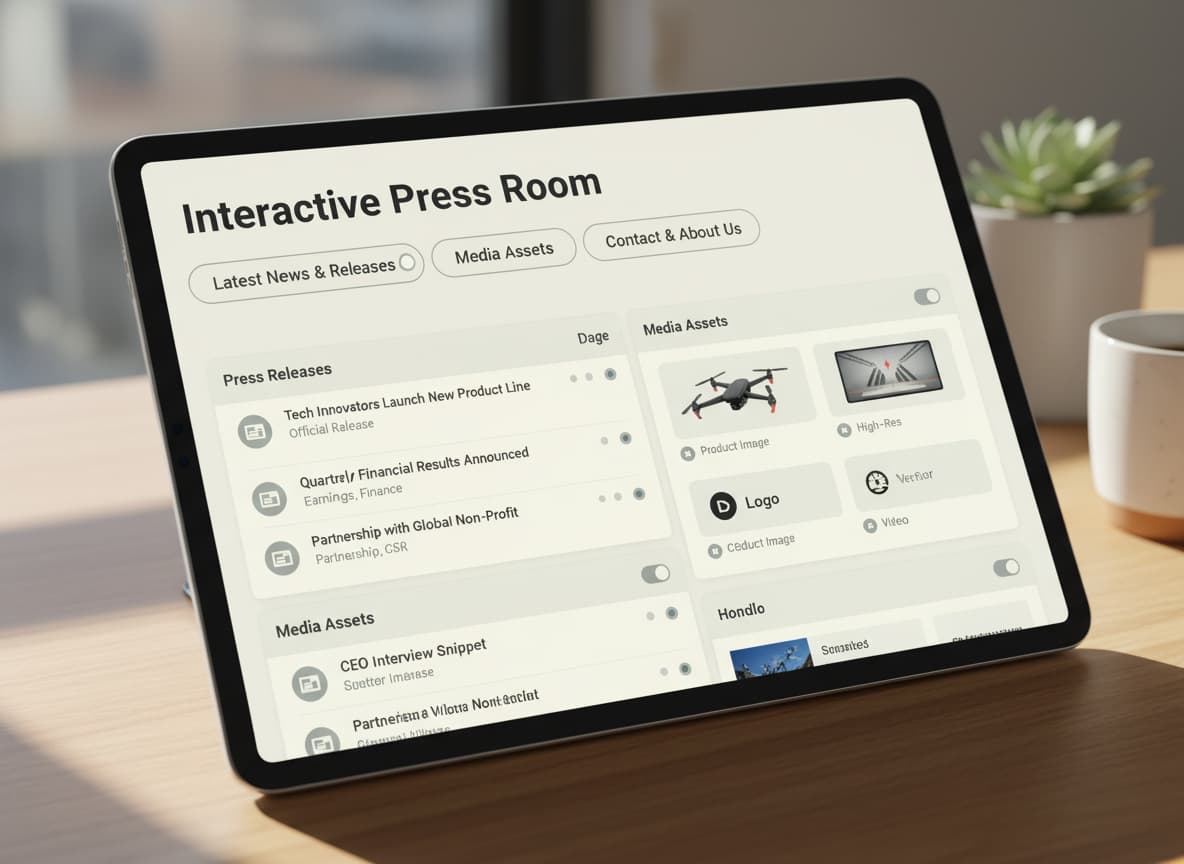 Tablette numérique affichant une interface Notion organisée en salle de presse interactive avec des blocs de bases de données sur un bureau en bois éclairé.