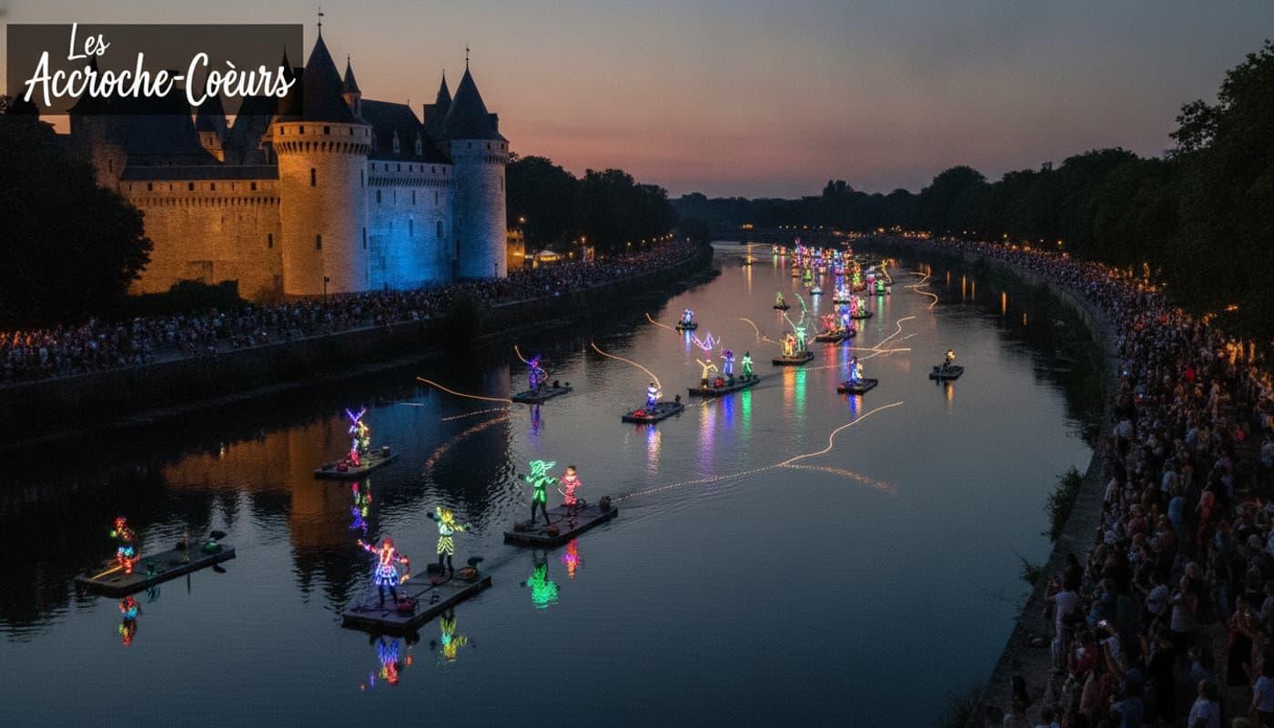 Au crépuscule, une flottille de sculptures lumineuses sur la Maine à Angers, des danseurs en LED sur des radeaux, le château médiéval illuminé en fond, et des spectateurs le long des quais.