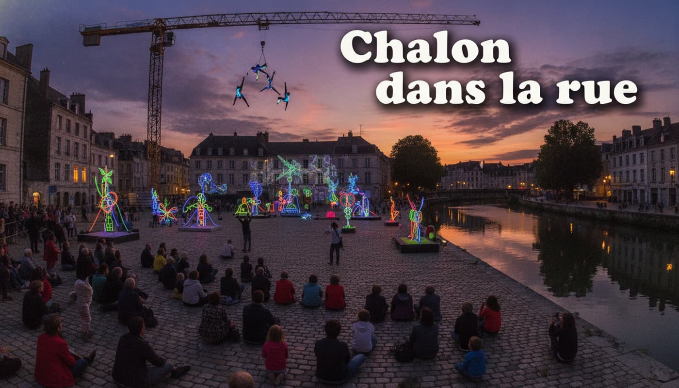 Acrobates suspendus à une grue au-dessus d'une place pavée, installations lumineuses surréalistes, ciel crépusculaire orange et violet, public assis en cercle.