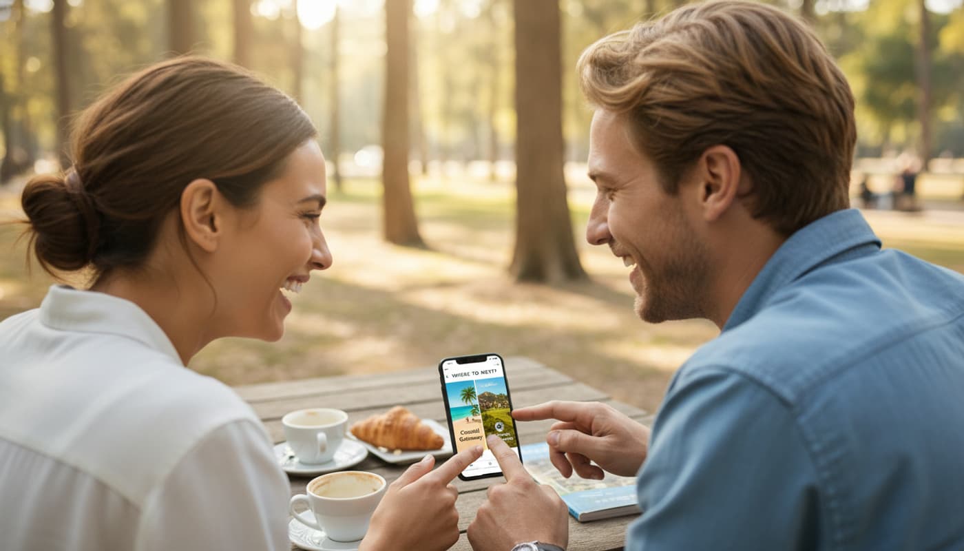 Deux amis souriants regardent un smartphone en plein air dans un café ensoleillé, avec un parc verdoyant et une lumière douce en arrière-plan.