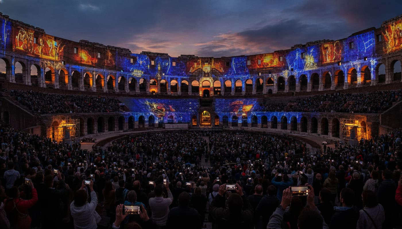 Un amphithéâtre romain avec des projections photo grand format au crépuscule, une foule de photographes et visiteurs, un ciel dramatique et des projecteurs chauds mêlant l'ancien et le moderne.