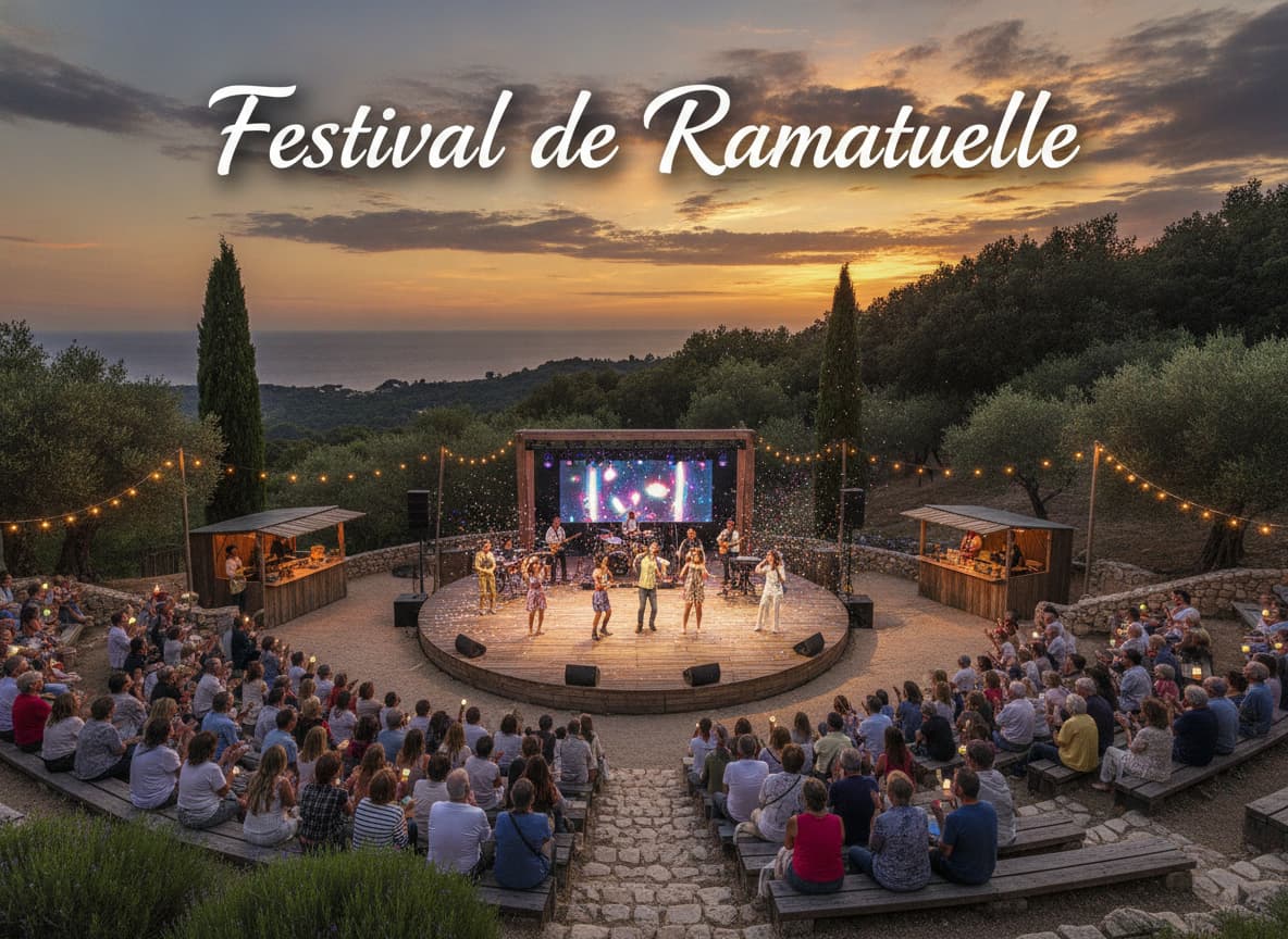 Un amphithéâtre en plein air près de Ramatuelle accueille un spectacle de variété en soirée, avec la végétation méditerranéenne en arrière-plan et le texte Festival de Ramatuelle en surimpression.
