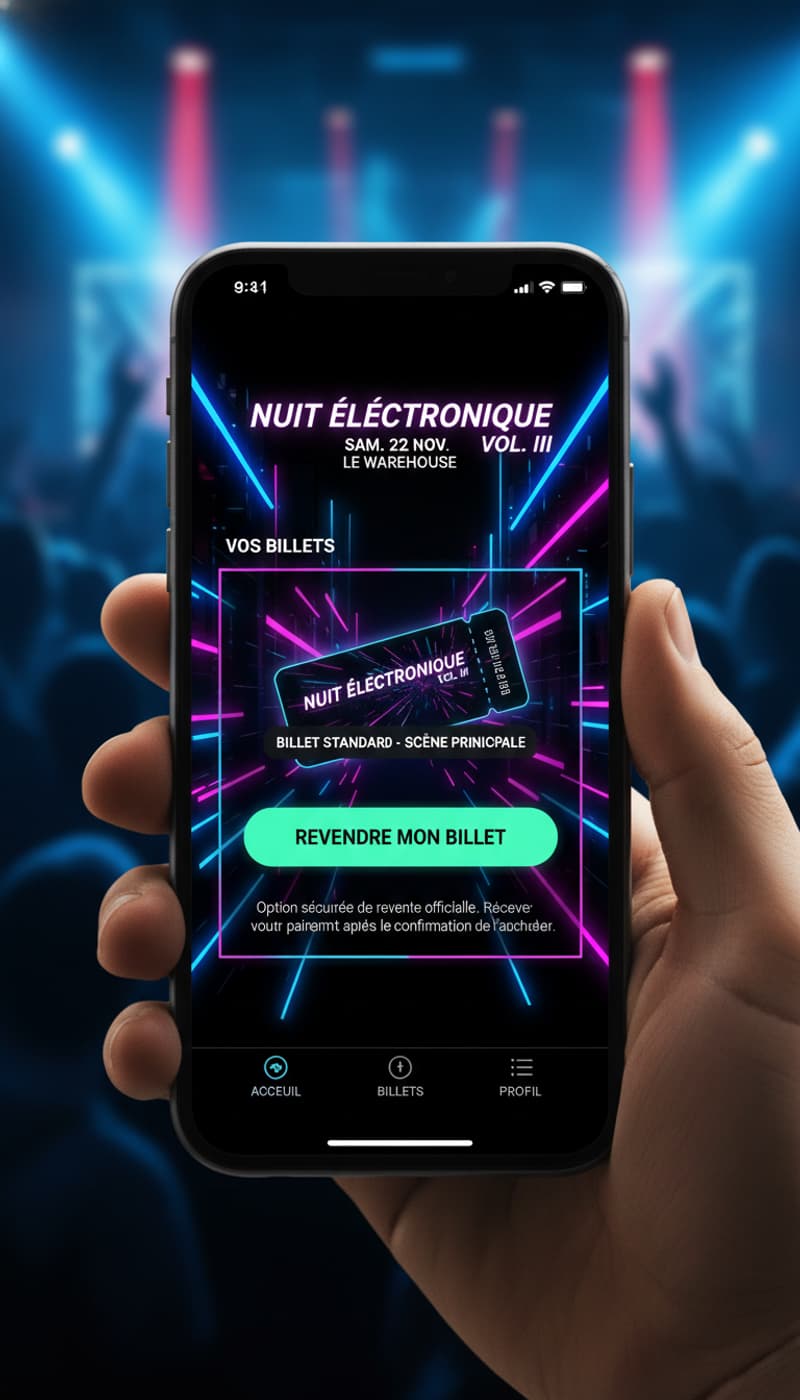 Écran de smartphone avec un thème sombre et néon, présentant un bouton violet intitulé 'Revendre mon billet' pour un événement de musique électronique.